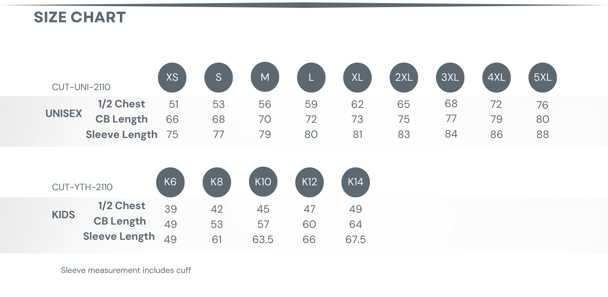 Hoodie — Cut and Sew Size Chart