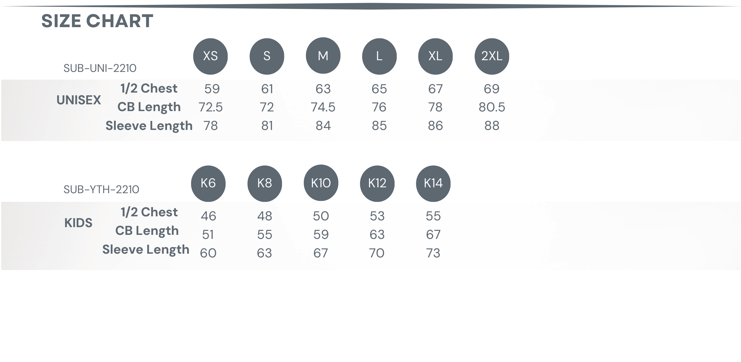 Sublimated Tracksuit Jacket Size Chart